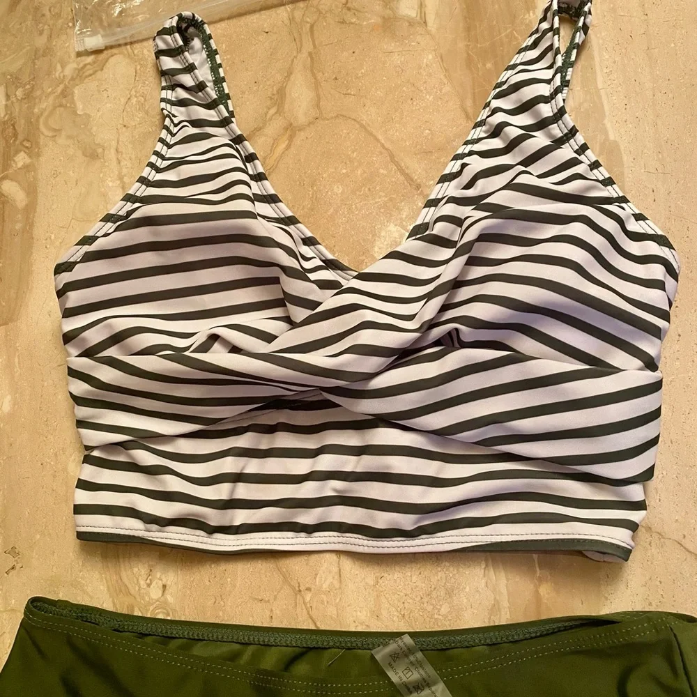 Striped V-Neck Swim Top & Olive Swim Shorts Set